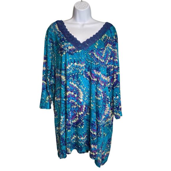 Serengeti Tops - Serengeti Women's Blue Feather Print Tunic Top Size 2X Exotic Tropical Resort